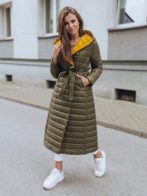 netradičný dámsky kabát v olivovej farbe