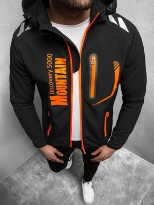 čierno oranžová pánska softshellová bunda s kapucňou