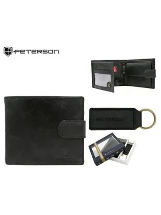Čierny kožený set Peterson - peňaženka a kľúčenka