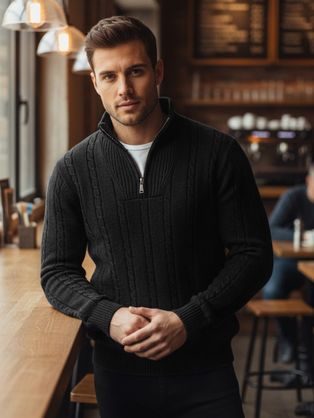 Vzorovaný pánsky sveter so zipsom čierny