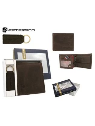 Módny tmavohnedý kožený set - peňaženka a kľúčenka