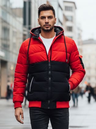 Pánska zimná bunda s kapucňou v červeno-čiernom prevedení