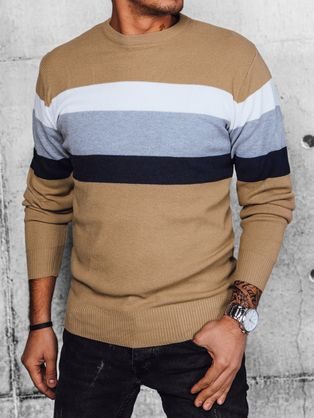 Trendy béžový sveter s pruhmi viacerých farieb