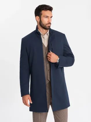 Moderný tmavo modrý kabát s vysokým golierom V2 COWC-0117