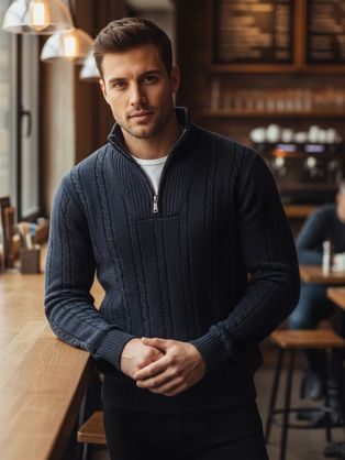 Vzorovaný pánsky sveter so zipsom modrý