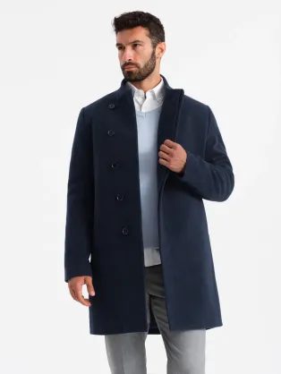 Moderný tmavo modrý kabát s vysokým golierom V3 COWC-0120