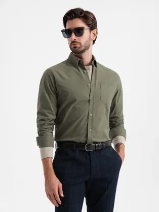 Ležérna khaki košeľa s vreckom V4 SHOS-0153