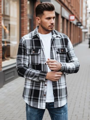 Kockovaná flanelová košeľa s náprsnými vreckami v čierno-bielej farbe