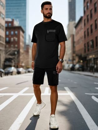 Jedinečný pánsky komplet s vreckami v čiernej farbe