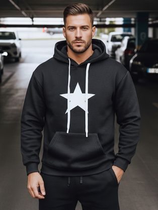 Čierna pánska mikina s potlačou a s kapucňou