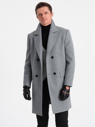 Zateplený šedý dvojradový pánsky kabát V1 OM-COWC-0107