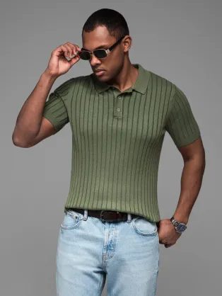 Pánska olivová SLIM FIT pruhovaná polokošeľa V4 POSS-0143