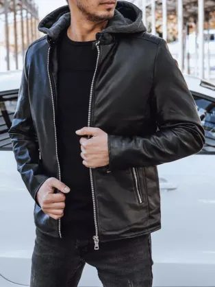Trendy čierna koženková bunda s kapucňou