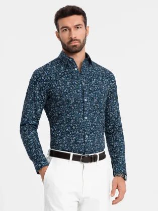 Zaujímavá tmavo modrá košeľa s trendy vzorom V1 SHCS-0151