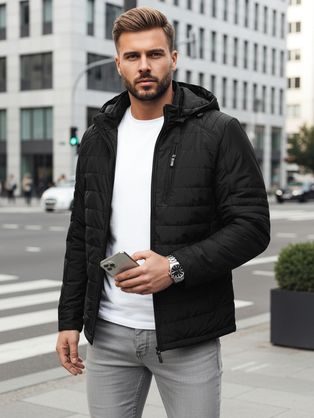 Moderná prechodná čierna bunda s kapucňou