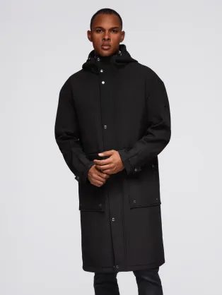 Čierna pánska dlhá bunda z umelej kože v2 om-JAPJ-0314