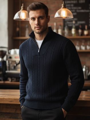 Vzorovaný pánsky sveter so zipsom čierny