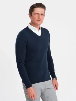 Tmavomodrý sveter s košeľovým golierom V2 SWSW-0102