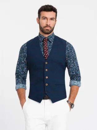 Elegantná tmavo modrá vesta v károvanom prevedení V1 BLZV-0123