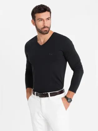Trendy čierne tričko s dlhým rukávom s V-výstrihom, s logom V1 LSBC-0123