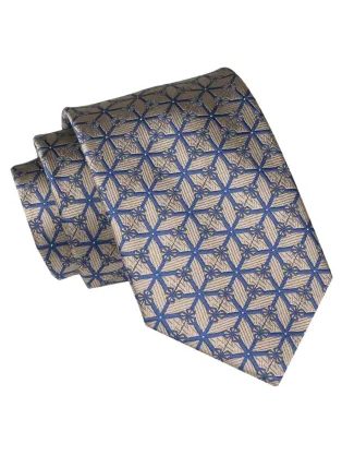 Béžová kravata s modrým geometrickým vzorom