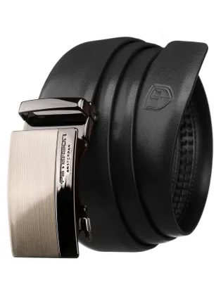 Čierny kožený opasok so striebornou automatickou prackou