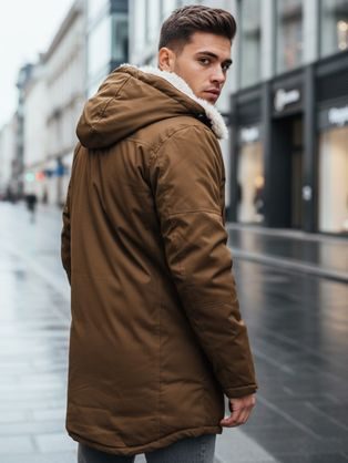 Zaujímavá khaki zimná bunda s kapucňou