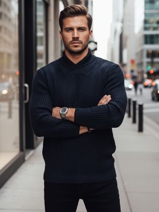 Trendy vlnený sveter na zimu v modrej farbe