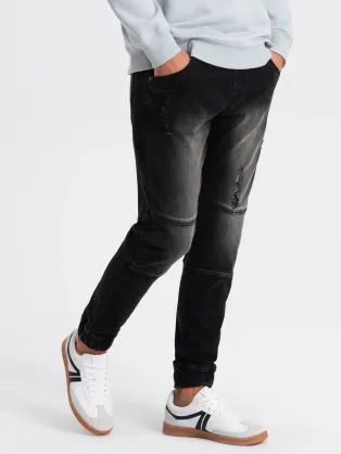 Trendy čierne rifľové joggery s ozdobnými odreninami V2 PADJ-0153