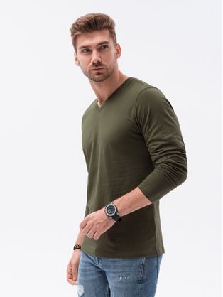 Olivové tričko s dlhým rukávom a véčkovým výstrihom L136