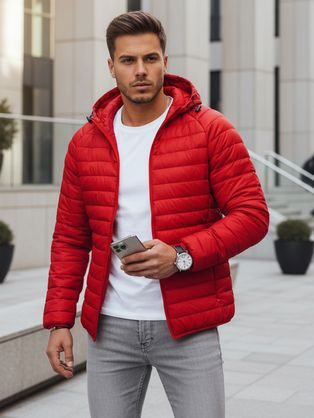 Prešívaná červená prechodná bunda s kapucňou