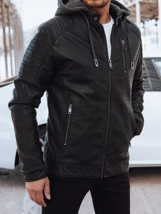 Trendy čierna kožená bunda s kapucňou