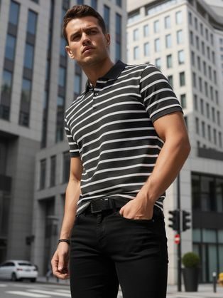 Módna tmavošedá pánska polokošeľa s pásikovým vzorom