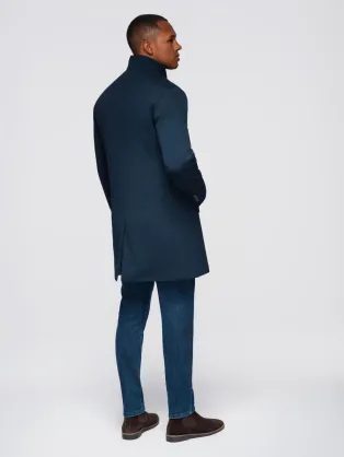 Moderný tmavo modrý kabát s vysokým golierom V3 COWC-0120