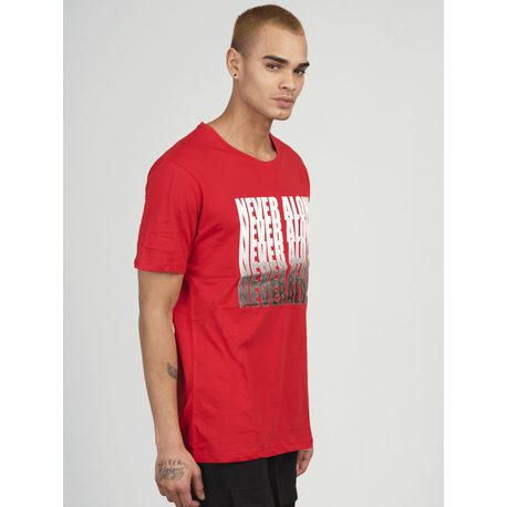 Štýlové červené tričko s potlačou Never Alone MR/21513