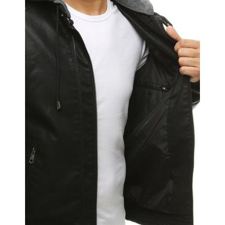 Čierna koženková bunda s kapucňou
