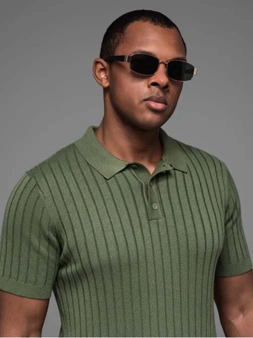 Pánska olivová SLIM FIT pruhovaná polokošeľa V4 POSS-0143