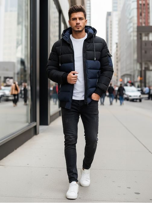 Pánska zimná bunda s kapucňou v dvojfarebnom prevedení