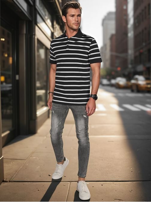 Módna čierna pánska polokošeľa s pásikovým vzorom