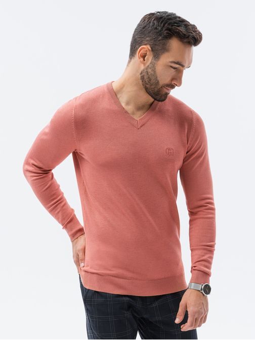 Ružový sveter s véčkovým výstrihom E191