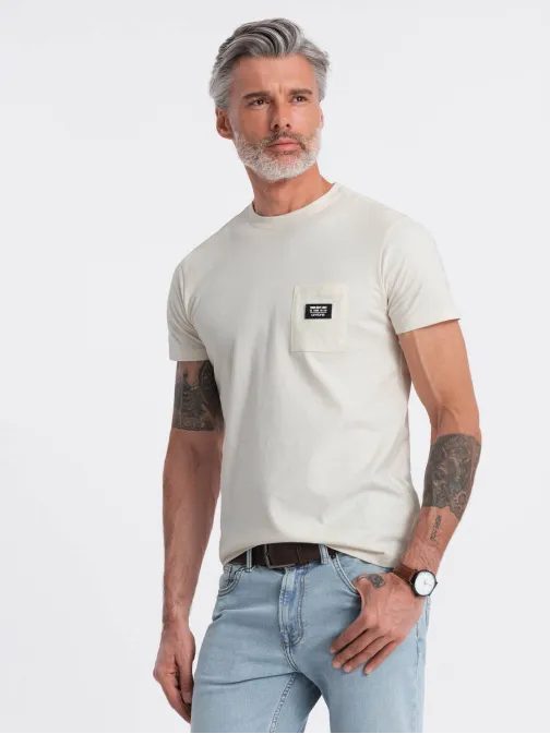 Trendy tričko s ozdobným vreckom krémové V8 TSCT-0109