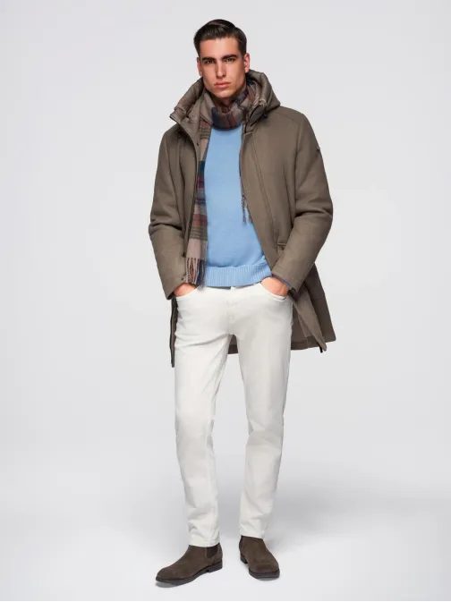 Štýlový pánsky kabát v béžovej farbe V2 OM-COWC-0132