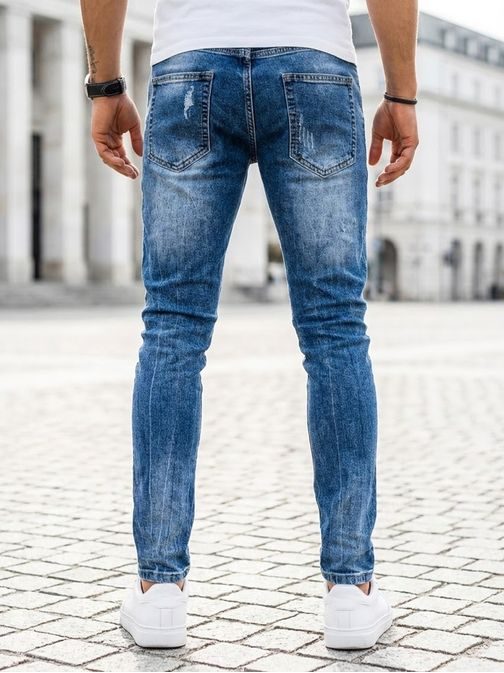 Štýlové modré rifle s dierami