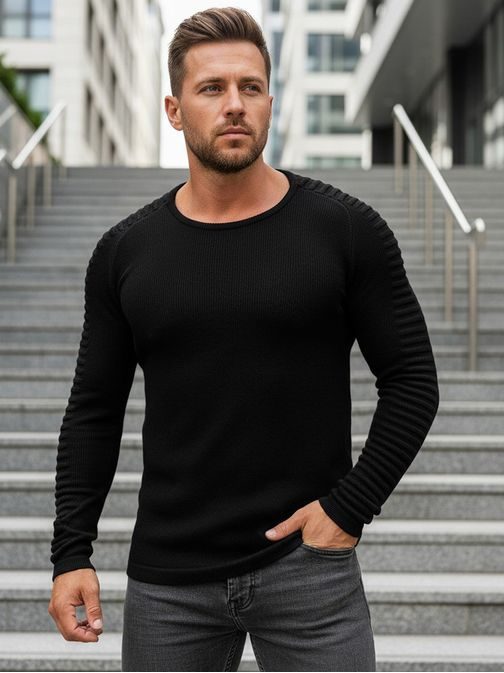 Moderný pánsky sveter so zaujímavými rukávmi čierny