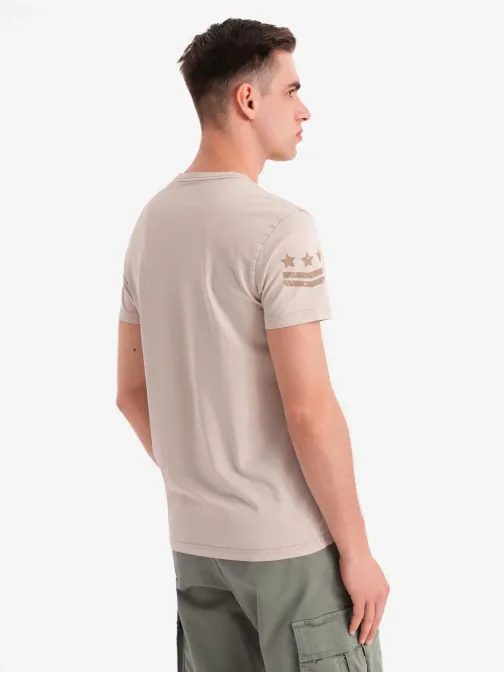 Pánske béžové tričko s trendy nápisom V1 TSFP-0225