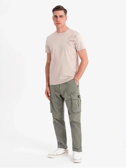 Pánske béžové tričko s trendy nápisom V1 TSFP-0225