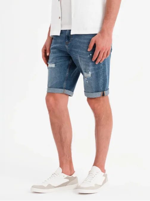 Moderné modré rifľové kraťasy s odreninami V2 SRDS-0186