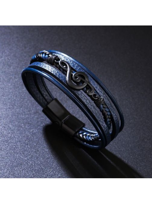 Pánsky kožený náramok s husľovým kľúčom - modrý