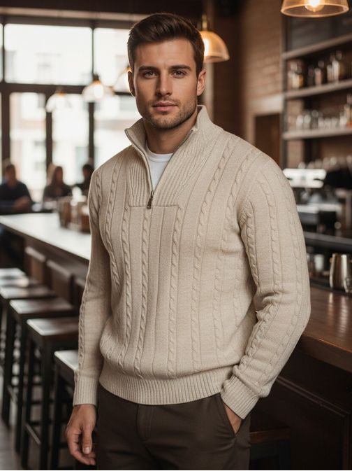 Vzorovaný pánsky sveter so zipsom béžový