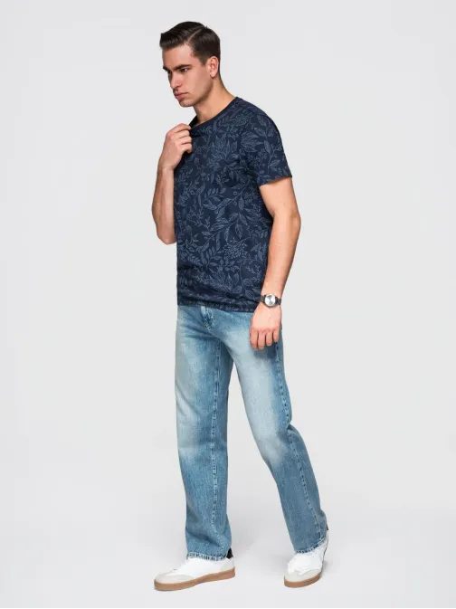 Tmavomodré pánske tričko s kvetinovou potlačou V4 TSPT-0262